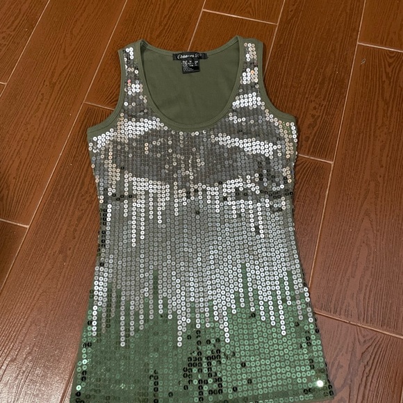 Chances R olive army green tank top silver sequins sleeveless size medium cotton - Picture 3 of 12